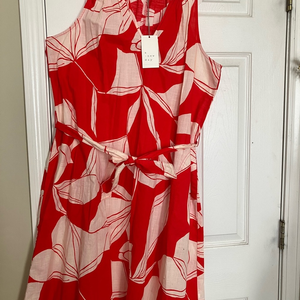 a new day Red and White Leaf Print  Dress